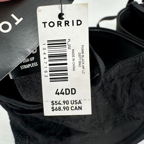 Torrid Curve Push Up Padded Strapless Bra Size 44DD Black Underwire Straps Lace - Picture 5 of 6